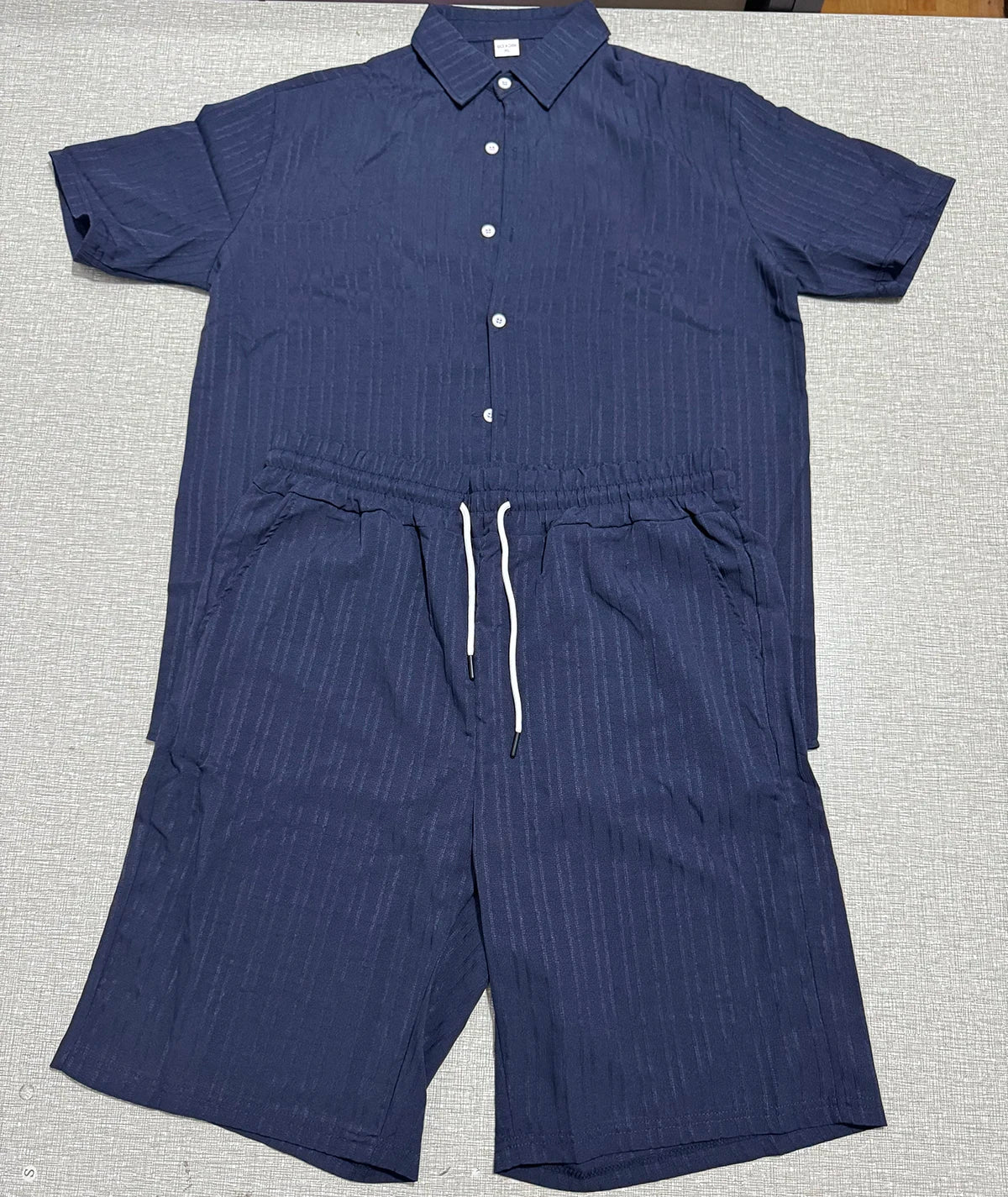 Lazy Street Style Vertical Stripe Slimming Shirt Shorts Two-piece Set No Need To Pair With Autumn Men's Thin Knit Sports Suit.