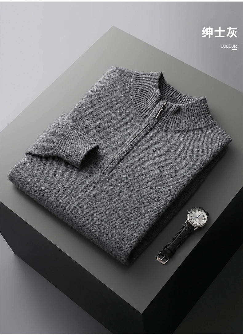 New Half Turtleneck Zipper Men's Pullover 100% Cashmere Sweater Solid Color Casual Versatile Wool Sweater Men's Clothing.