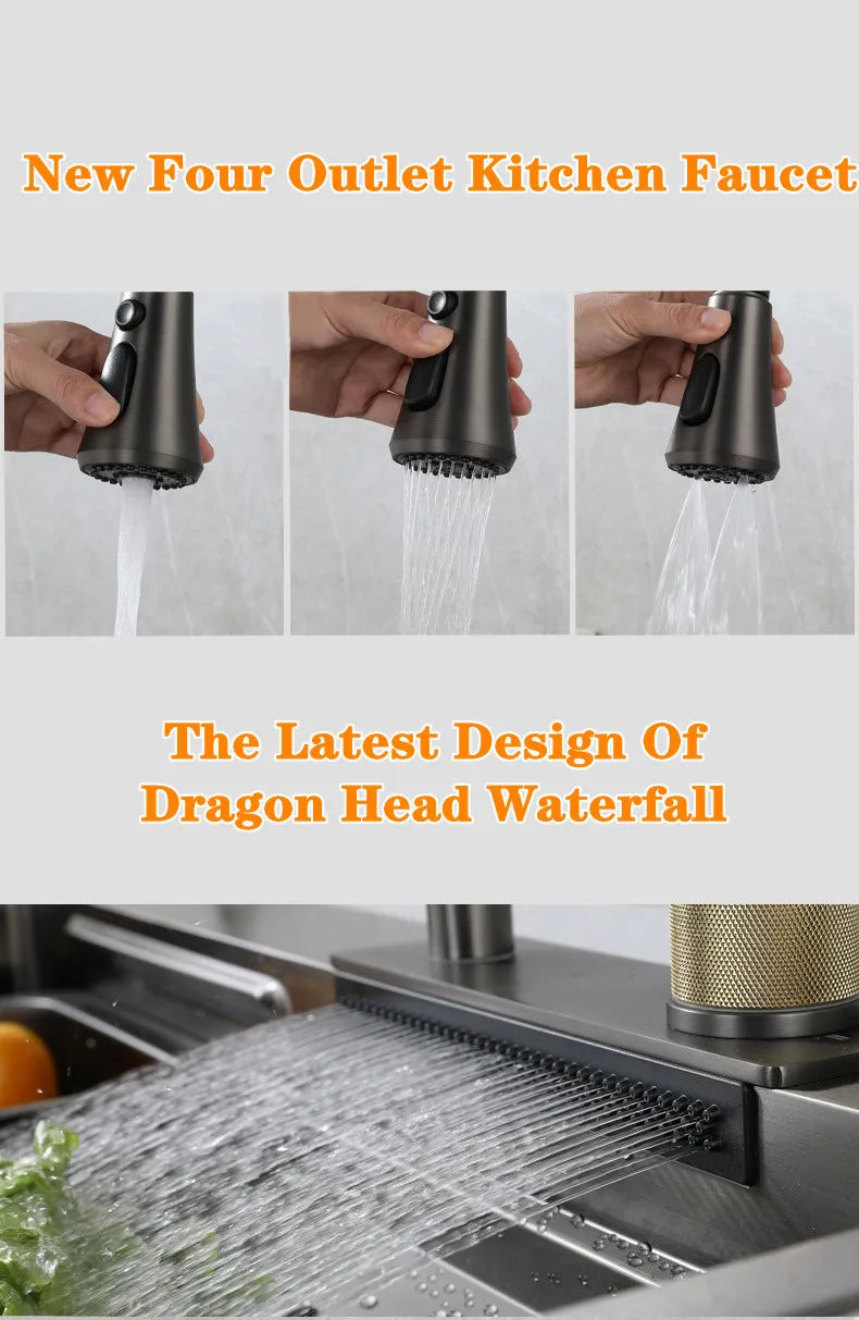 Wasserfall-Küchenspüle aus Edelstahl 304, Zughahn, Einzelschlitz, Hochdruckbecher, Waschmaschine, Café, Weinbar, Waschbecken