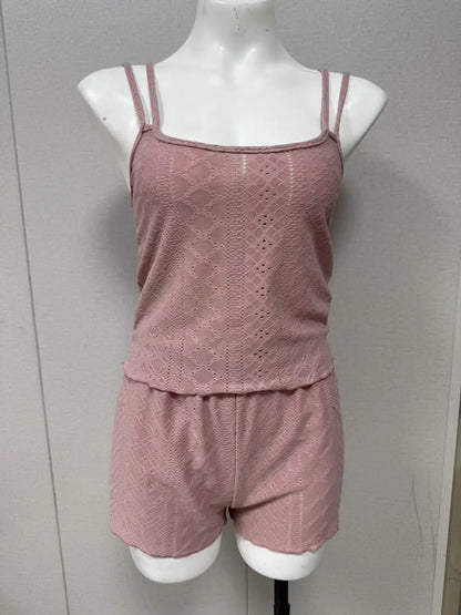 Sexy Aushöhlen Öse Stricken Pyjama Set Frauen Doppel Strap Cami Top Salat Saum Shorts Zwei Stück Sommer Loungewear Nachtwäsche Neue.