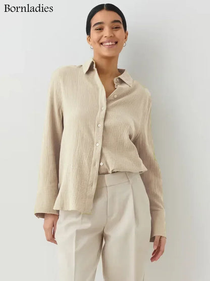 Bornladies 2025 Women's Spring Summer 100% Cotton Shirts Office Lady  Fashionable Solid Lady Long Sleeve Loose Tops Crepe Shirts