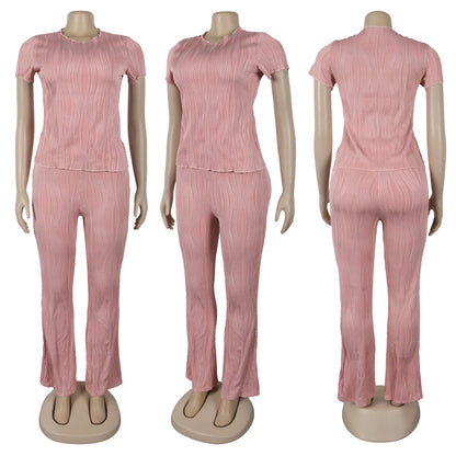 Two Piece Sets Women Pants Set Matching Sets Short Sleeve Solid Casual Tops Long Pants High Waist Bodycon Y2k Streetwear 2025