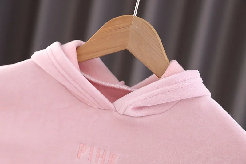 Baby Girls Warm Set Autumn Winter Lining Plush Thick Outfits Kids Cartoon Rabbit Ear Hoodie+Pants 2Pcs Children Casual Clothing.