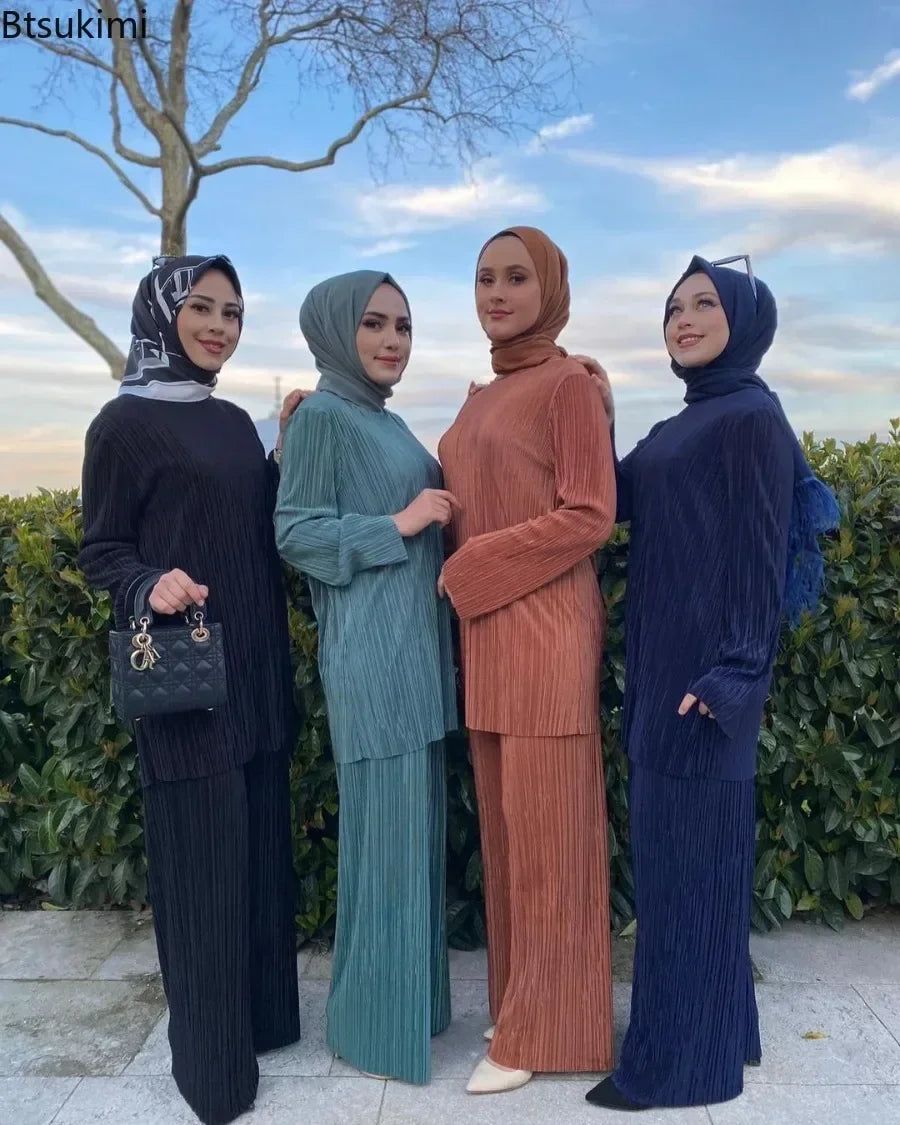 Women Casual Vintage Muslim Sets Ramadan Abaya Hijab Turkey Dubai Kaftan Prayer Dress Wide Leg Pants 2 PCS Sets Islamic Clothing.