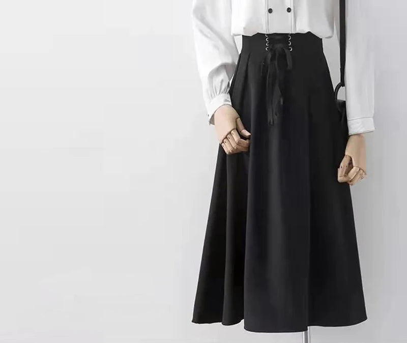 Preppy Style Vintage Long Skirts Women High Waist Sweet Loose A Line Skirt Lace Up Retro Fall Winter Female Elegant Long Skirts.