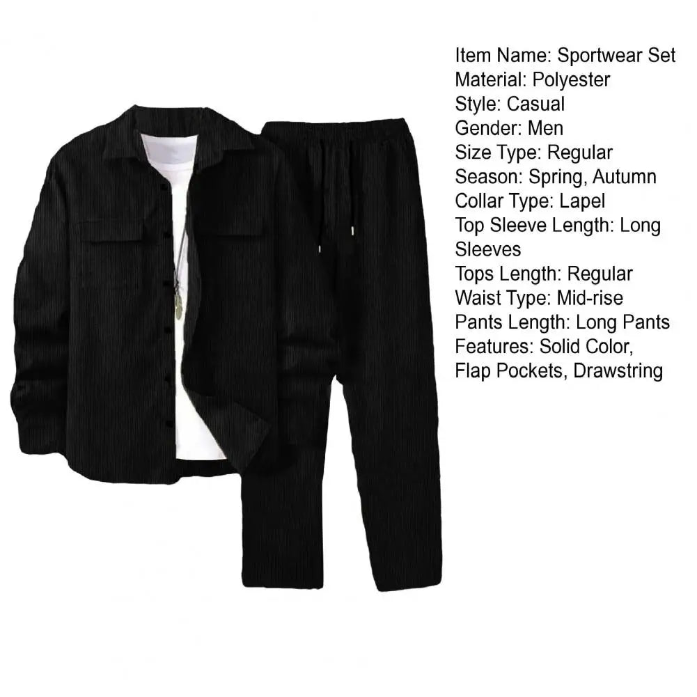 Long-sleeved Jacket Trousers Set Versatile Sportswear Outfit Men's Lapel Long Sleeve Sportwear Set with Flap for Athletes.