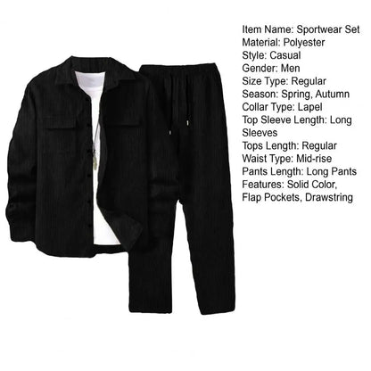 Long-sleeved Jacket Trousers Set Versatile Sportswear Outfit Men's Lapel Long Sleeve Sportwear Set with Flap for Athletes.