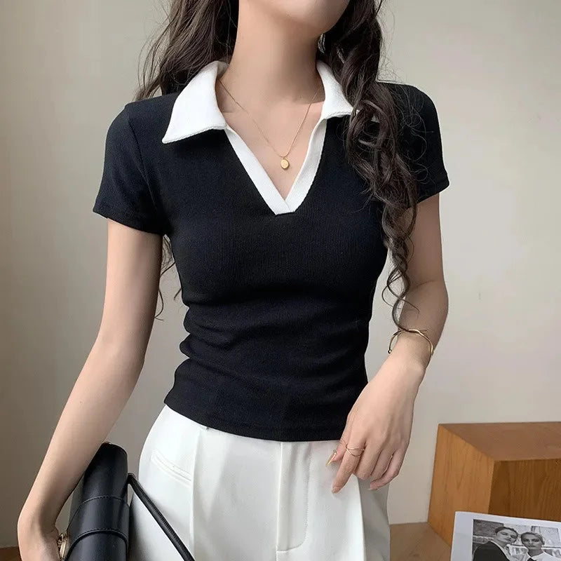 Chic Short Sleeve Polo Neck T-Shirt Women's Summer New Design Sensation Gexuan Fashionable Flip Collar Shoulder Length.