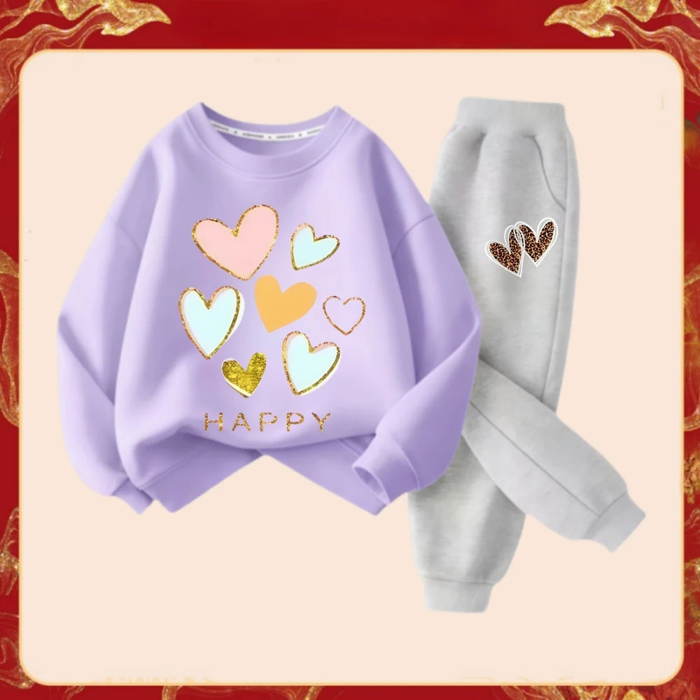 Spring Children Clothes Set Kid Girls Sweet Sweatshirts Pullover Top And Pants 2 Pieces Suit Heart Print Long Sleeve Tracksuits.