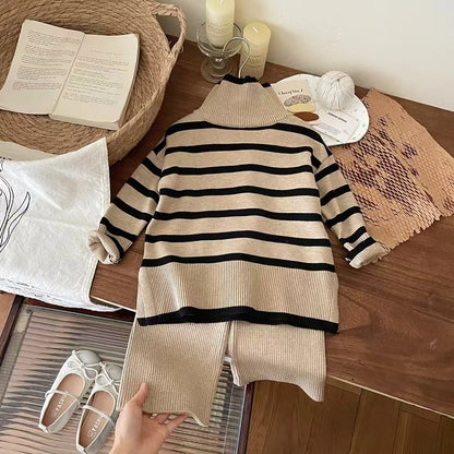 Girls' Autumn/Winter High Collar Sweater Set 2025 New Style Female Baby's Stylish Knitted Sweater Wide Leg Pants Two Piece Set.