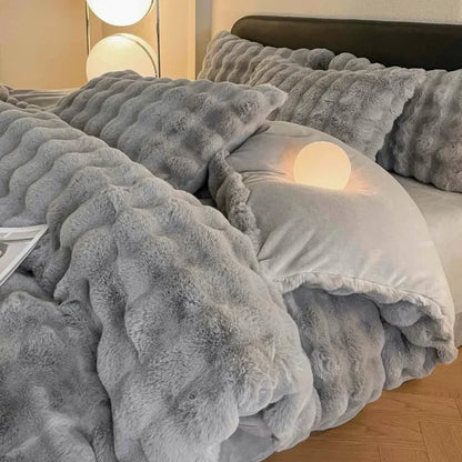 4pcs Grey Rabbit Fur Bedding Set Thick Milk Plush Winter Duvet Cover Warm Bed Sheets, Queen Size Four Piece Set  Bedroom Decor