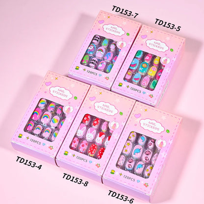 120pcs/box Pink Cartoon Children Press On Nails Candy Color Unicorn Cat Bunny Kids Full Cover False Nail Girls Party Nail Decora.