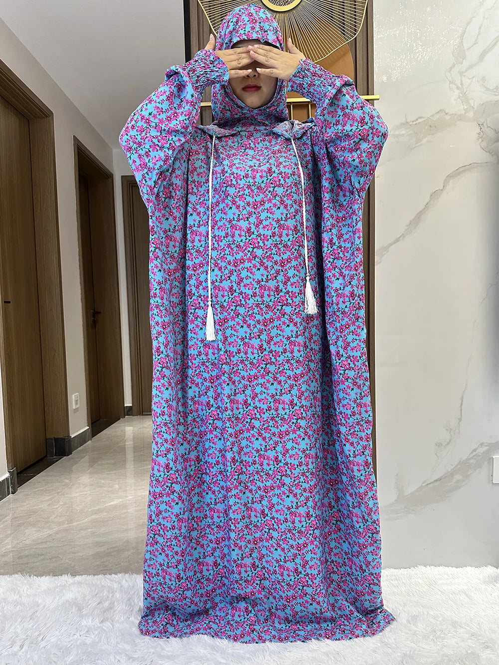 New Ramadan Muslim Two Hats Abaya Dubai Turkey Islam Prayer Clothes Floral Cotton Long Dress Islam Women Dress Kaftan.