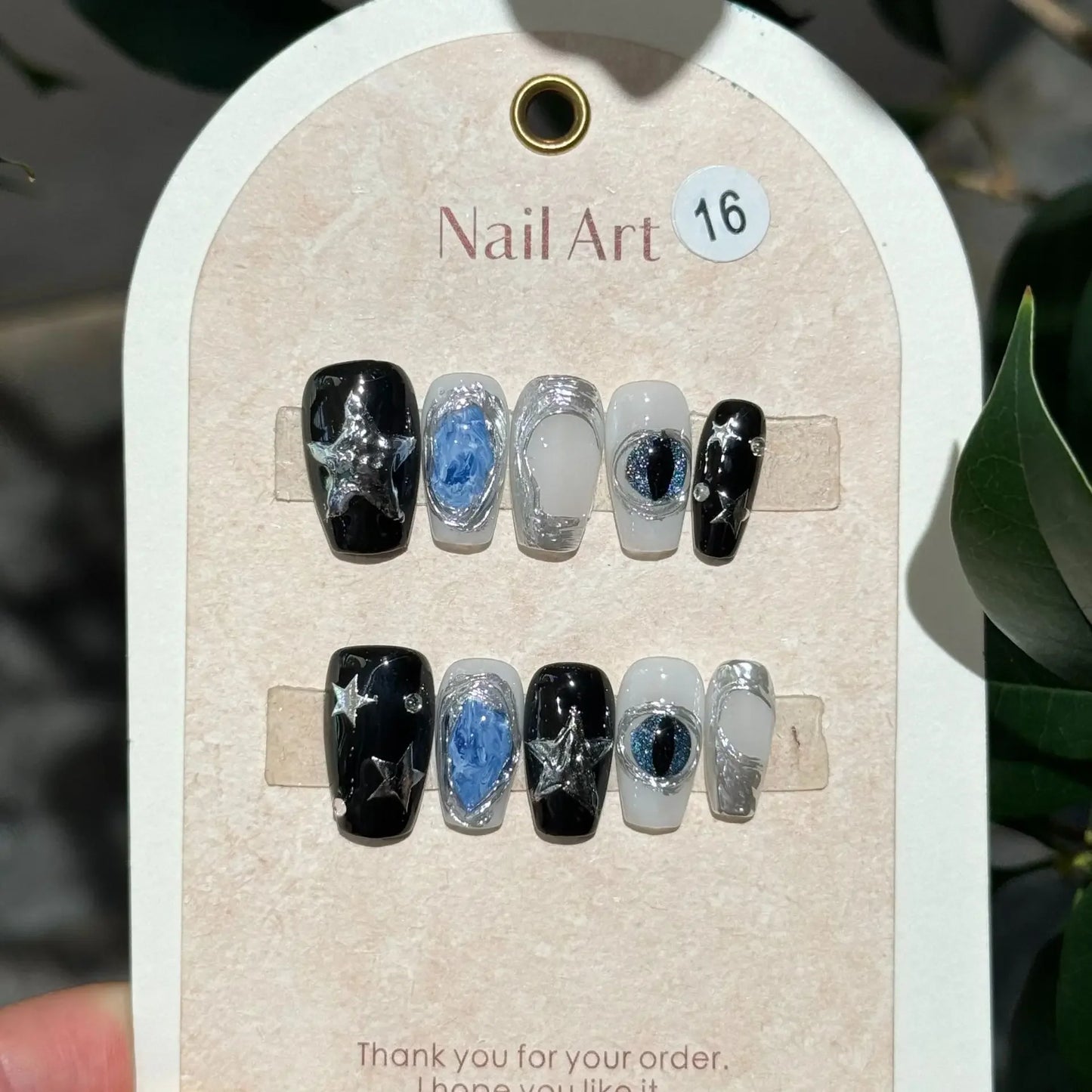 10pcs Black Press on Nails Medium Coffin Sliver Swirl Y2k Fake Nails with Glue Acrylic False Nails Press Ons Full Cover Nail Tip.