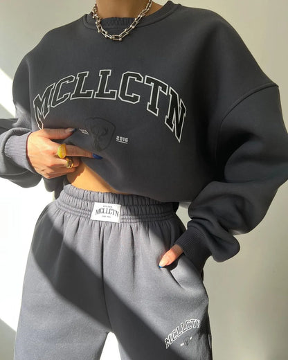 Warm Suit Autumn Winter Women Solid Set Elegant O-neck Pullover Hoodie And Pocket Trousers Two-Piece Set Lady Casual Loose Sets