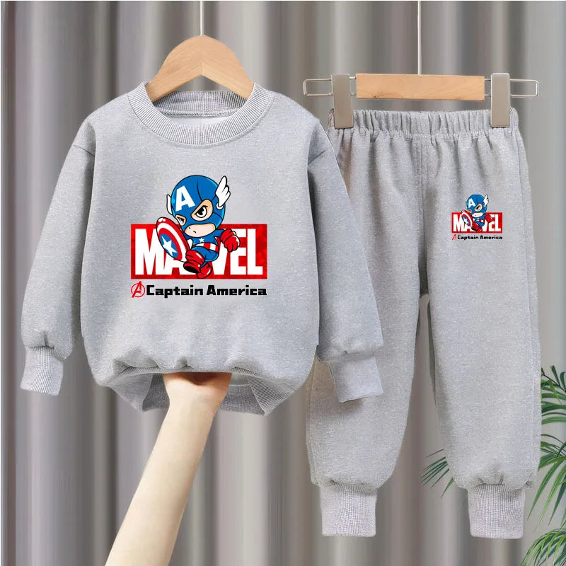 Marvel Spring/autumn Children's Clothing  Sets Captain America Boys O Neck Hoodies Pants Two Piece Casual Pullover Set for Kids.