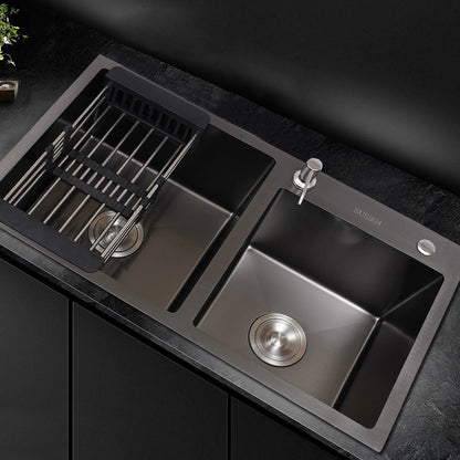 Black King Edelstahl Doppelschüssel Küchenspüle Inset Korb Abtropffläche Seifenspender