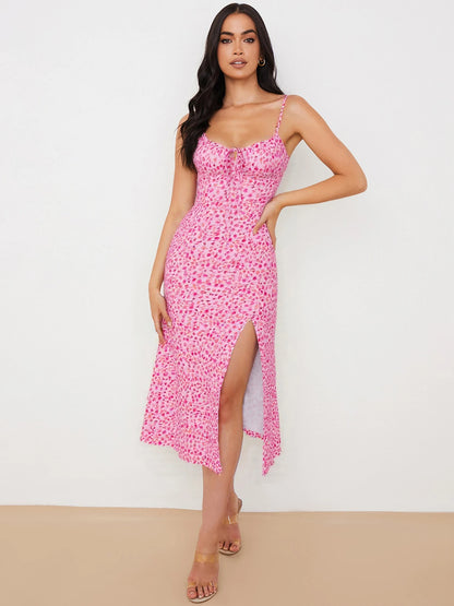 Hugcitar 2025, ärmellos, Satin, Slip, Blumenmuster, gerüscht, Bandage, Ausschnitt, Maxikleid, Frühling, Damenmode, sexy Party, Club, Robe Kpytomoa