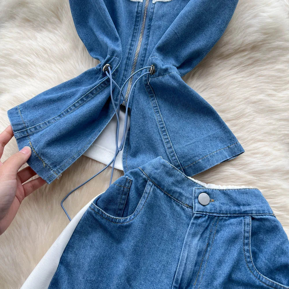 Denim Two Piece Sets Women Jeans Suit Lace Y2k Top Wide Leg Pants Zipper Lace Up Patchwork Trousers Outfits Ensemble Summer 2025.