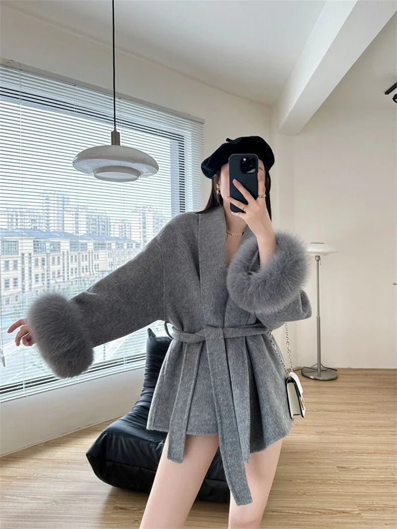 Mode Woolen Jacke mit gürtel Frauen Mantel 2025, Neue Herbst Winter Temperament Lose Strickjacke Weibliche Outwear.