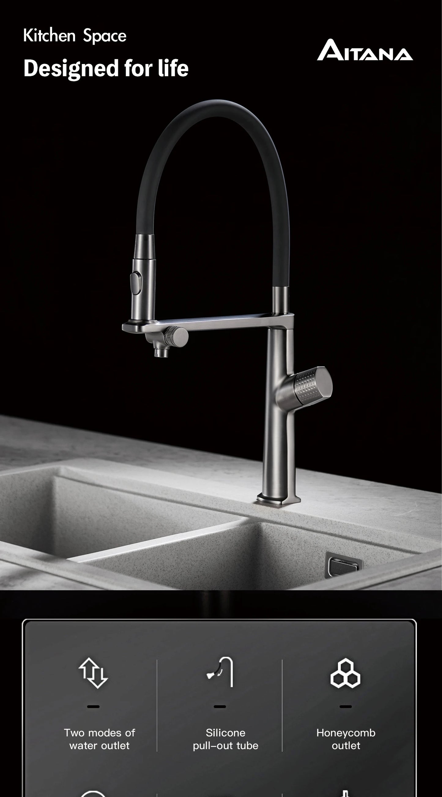 AITANA Luxury Brass Gun Grey Pull out 2-Function Kitchen Faucet Single Handle Cold and Hot Water Pure Water Design Sink Tap