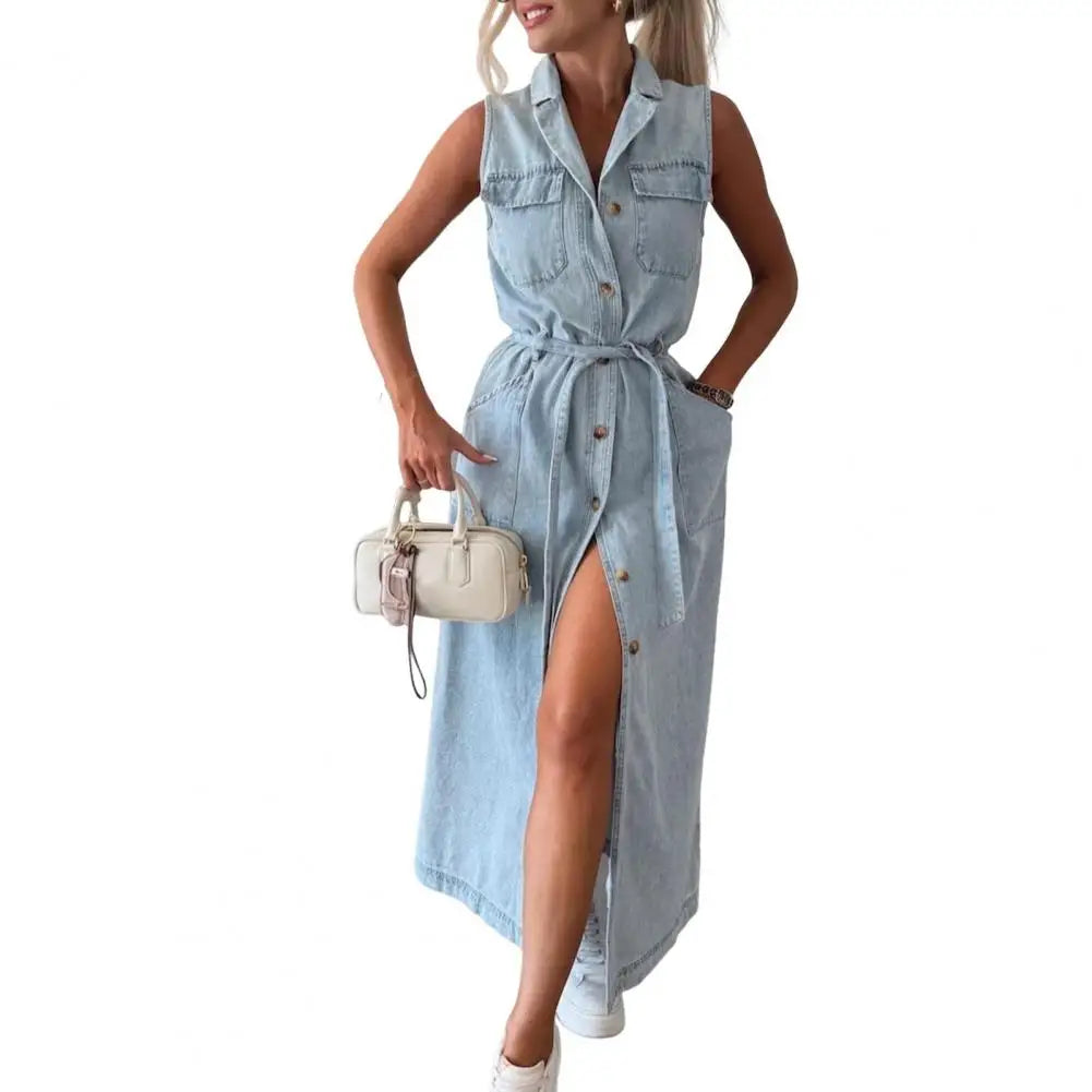 Damen-Jeanshemdkleid, Sommer, ärmellos, Knopfleiste, Maxikleid mit Gürtel, Revers, V-Ausschnitt, langes Jeanskleid mit Taschen.