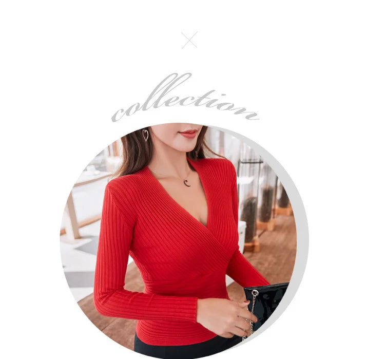 Kurze Grundlegende Pullover Frauen 2023 Sexy Tiefem V-ausschnitt Pullover frauen Pullover Schlank Bodenbildung Pullover Weibliche Elastische Baumwolle Tops