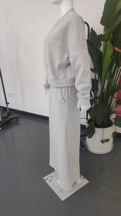 Autumn Winter New Cardigan Zipper Slim Two-piece Sets Women Casual Jakcet Coats Wide Leg Pant Set Fashion Female Clothing Suit.