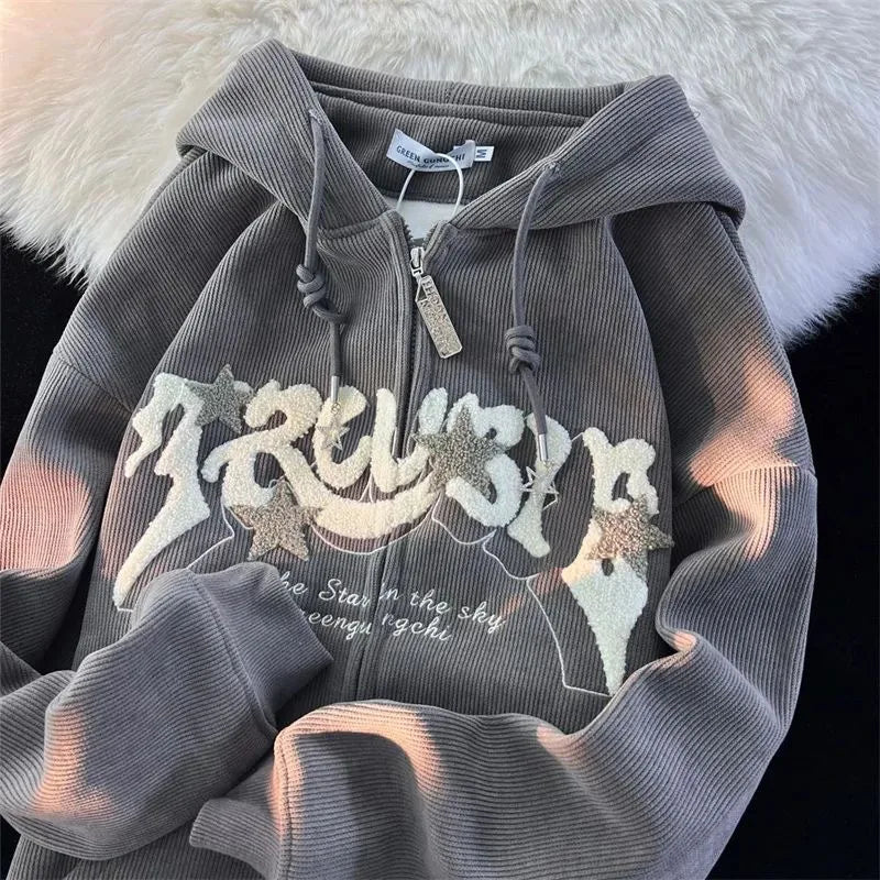 Plus Größe XL-3XL Cord Stickerei Lose Hoodies Frauen Frühling Herbst Lange Sleeve Zipper Kapuze Hemd Harajuku Y2K Sweatshirt.