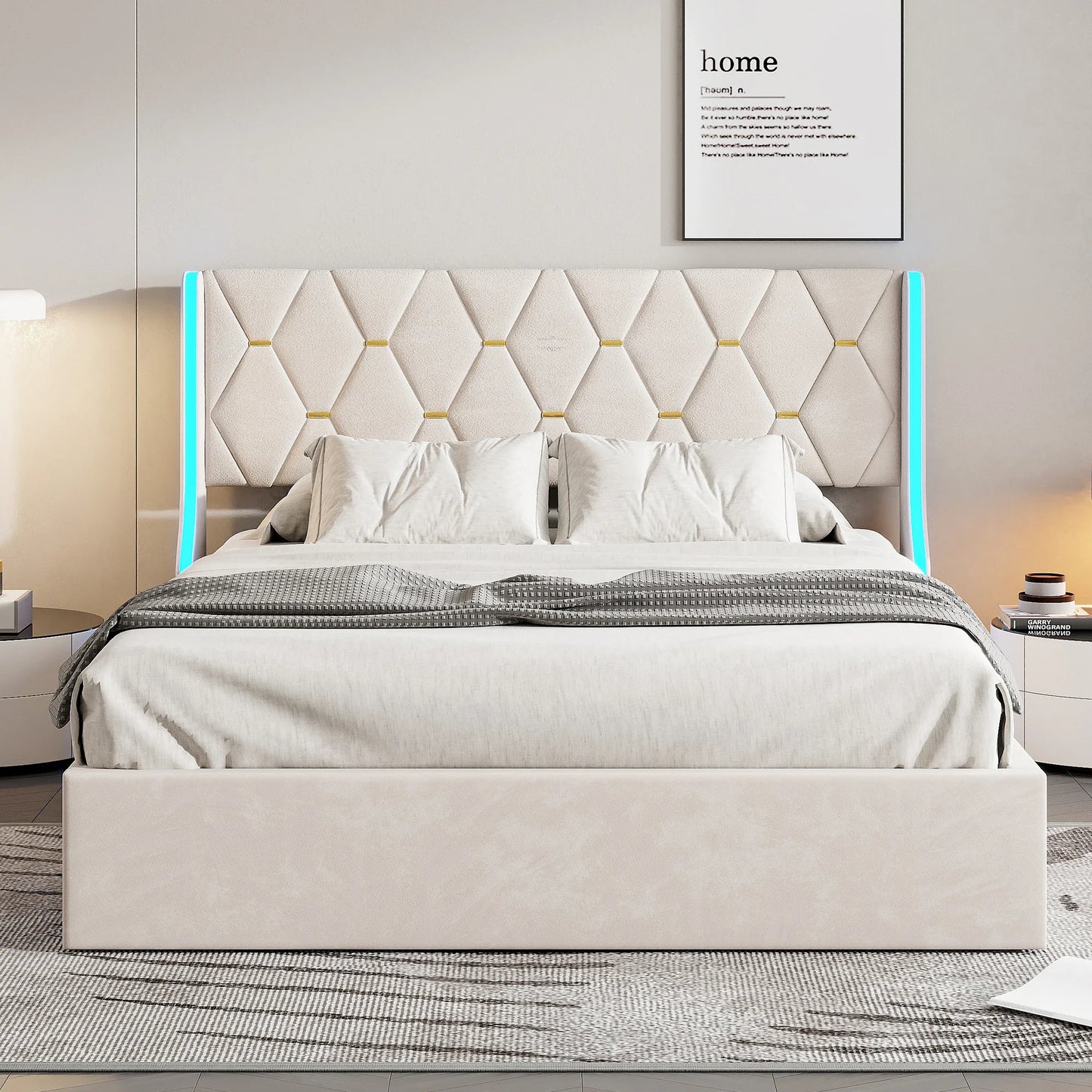 Comanlai 140 x 200 cm/160 x 200 cm hydraulisches Bett mit Stauraum, gepolstertes Bett mit Kopfteil, Kopfteil mit LED-Leuchten, Doppelbett, Flanell