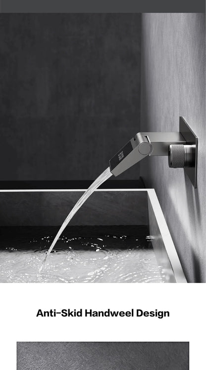 Luxury gun gray brass wall mounted bathroom faucet with LED digital display Single handle hot & cold water embedded bathroom Tap