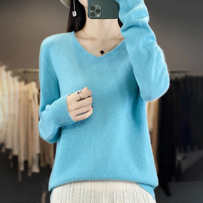 Women 100% Merino Wool Sweater V-Neck Basic Pullover Autumn Winter Cashmere Clothing Long Sleeve Soft Knitwear Tops Solid Color