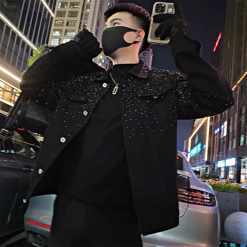 Man Coat Short Rhinestones Cargo Jacket for Men Black High Quality Harajuku New in Vintage Deals Korean Reviews Many Cheap Sale.