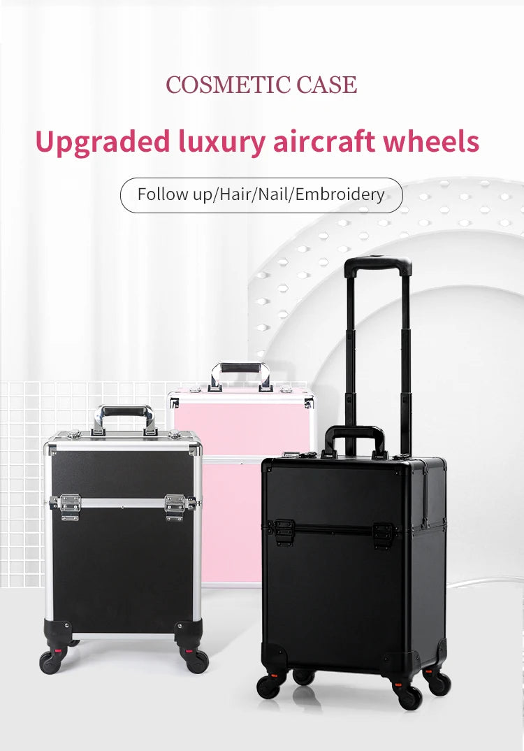 TravelRolling Makeup Train Case Large Capacity Cosmetic Trolley, Aluminum Professional Travel Case with Key.