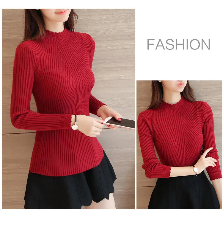 2025 herbst Frauen Mock Neck Rüschen Pullover Langarm Gestrickte Bodenbildung Solide Pullover Streifen Frauen Casual Pullover Winter.