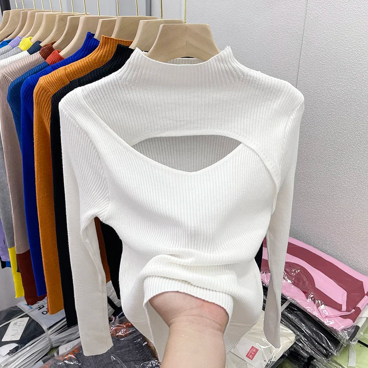 2025 weibliche Casual Pullover Herbst Winter Sexy Aushöhlen Frauen Pullover Schlank Vintage Jumper Weiche Warme Pull Gestrickte Pullover Tops
