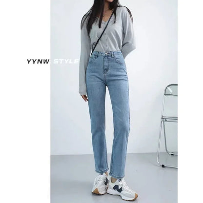 High Waist Straight Leg Jeans Women's Spring New Slim Fit Spring Autumn Narrow Version Smoking Pipe Pants.