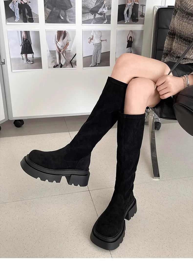 Winter Platform Punk Style Woman Knee High Boot Concise Slip On Elastic Slim Shoes Ladies Thick Bottom Knight Long Booties.