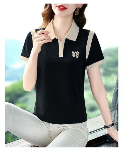 Fashionable Short Sleeve Polo Shirt Women's Summer Sporty Hong Kong Style Top High End Mixed Fabric Slim Fit T-Shirt.