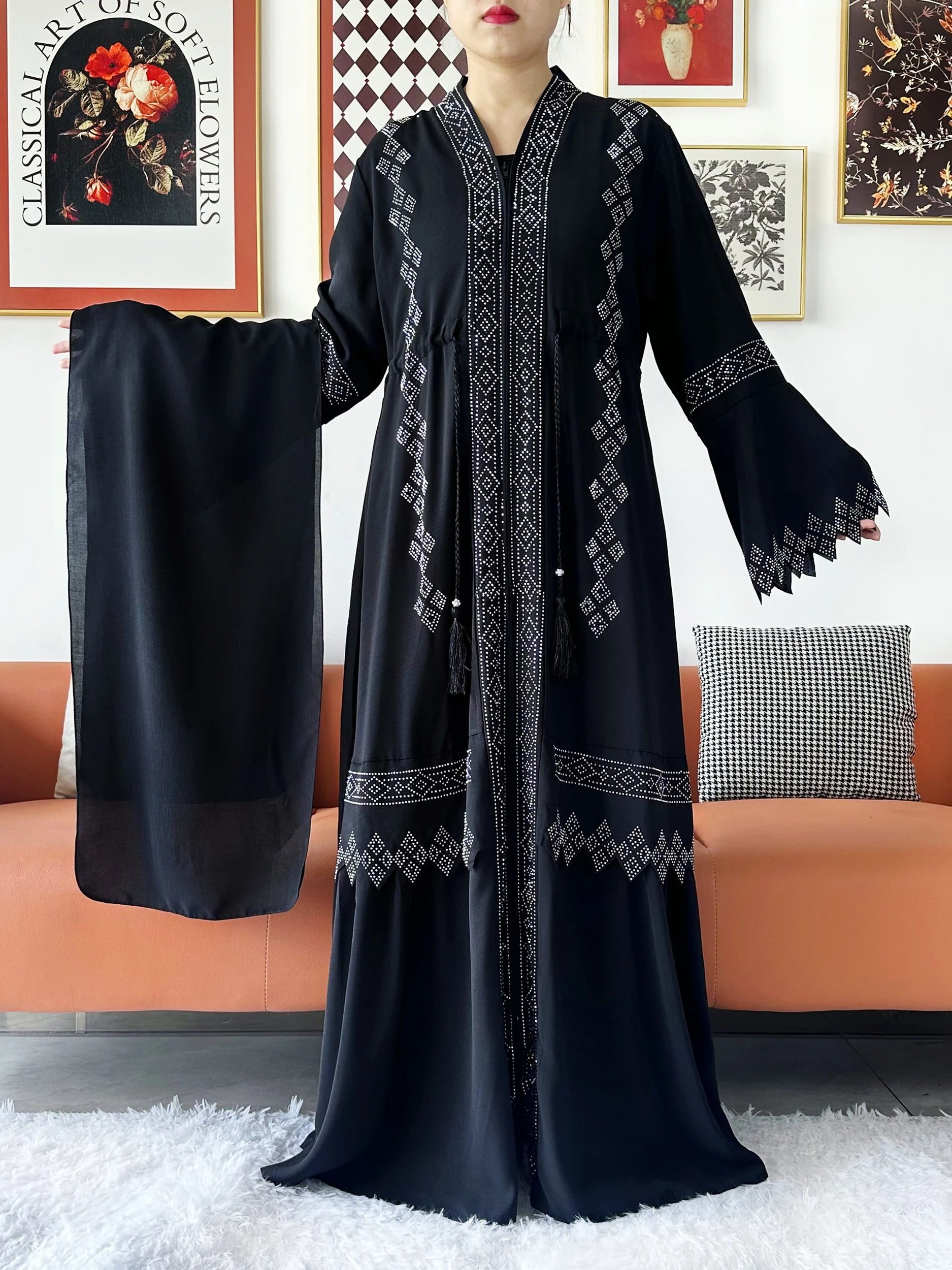 Laxury Design New Women Elegant Dress Chiffon Open Abaya Muslim Women Dress Islamic Clothing Cardigan Abaya Women Muslim Dress.