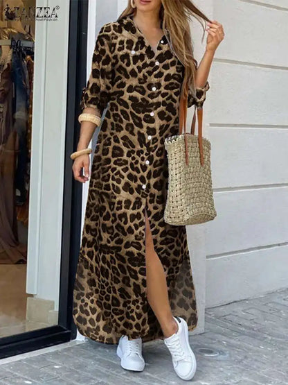 ZANZEA Party Vintage Leopard Robe Frauen 2025, Herbst Casual Langarm Maxi Lange Vestidos Kleid Mode Übergroßen Hemd Sommerkleid.