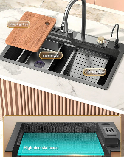 Large Single Slot Embossed Stainless Steel Waterfall Kitchen Sink  Household Wash basin Dishwashing  Sink For Kitchen