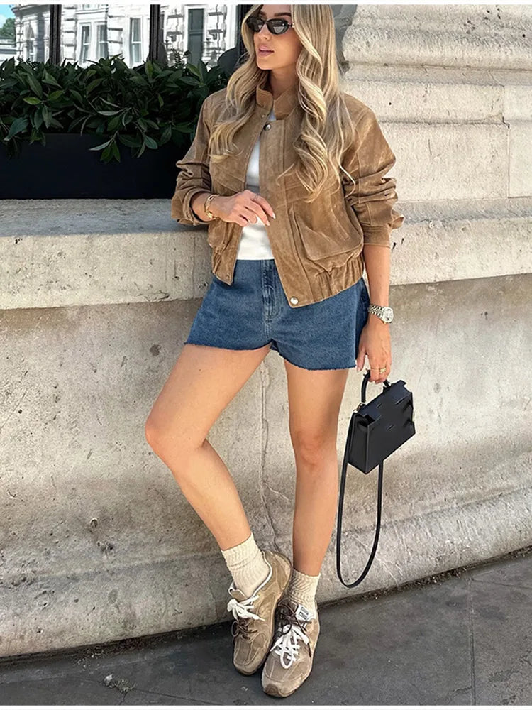 Retro-Jacke, modisch, Frühling und Herbst, lässig, lockere Tasche, langärmelig, trendig, cool, vielseitig, hochwertige Damen-Kurzjacke.