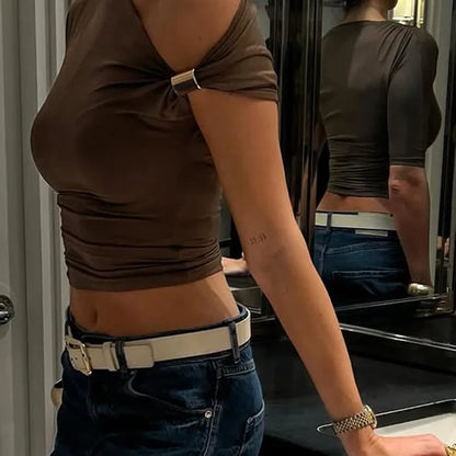 Cryptographic One Shoulder Asymmetrical Tops Summer Fashion Outfits Embellished Sexy Backless Solid Cropped Top Streetwear.