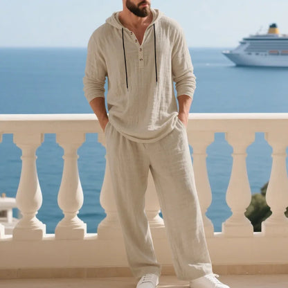 Cross-border Autumn Linen Men's Casual Suit Loose Hooded Henley Shirt Long Sleeve Pants Suit