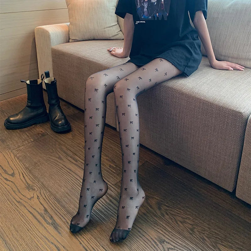 Black Polka Dot Butterfly Knot Tights Ultra Thin Women's Stockings Prevent Snagging Sexy Silk Pantyhose Spring Summer.