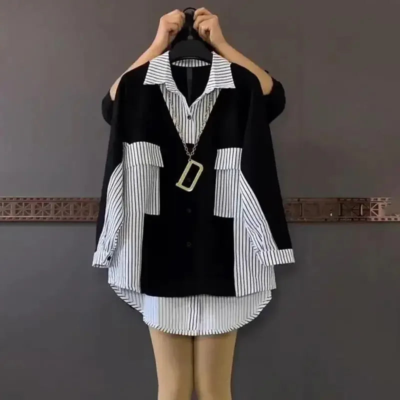 Plus Size Women's Loose-Fit Slimming Medium-Length Color Blocking Striped Shirt Fashionable Top Stylish Hiding Body Shape.