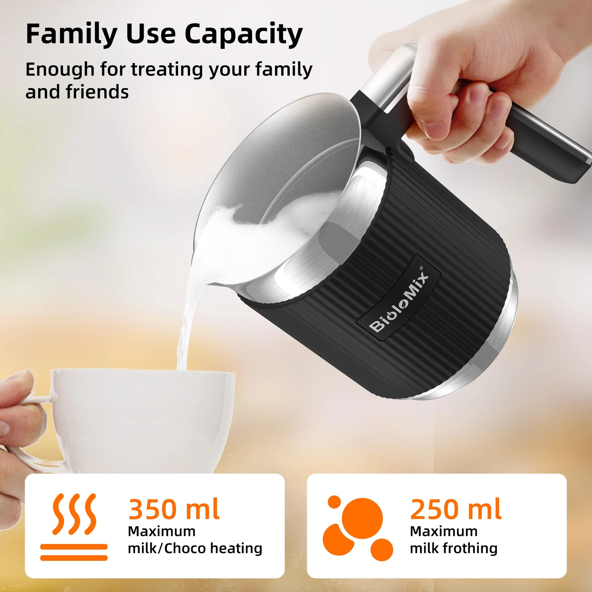 BioloMix Detachable Milk Frother and Steamer,5-in-1 Automatic Hot/Cold Foam and Hot Chocolate Maker,Dishwasher Safe.
