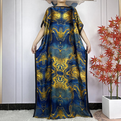 2024 New Dubai Summer Fashion For Women Printed Silk Soft Loose Femme Robe African Islam Maxi Woman Casual Dresses With Turban