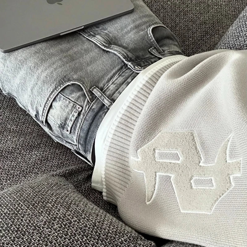 Y2K Grey Long Sleeve Sweater Dollar Gothic Embroidery Pullover Goth Retro Casual Streetwear Old Money Men Boxy Knitted Clothing.